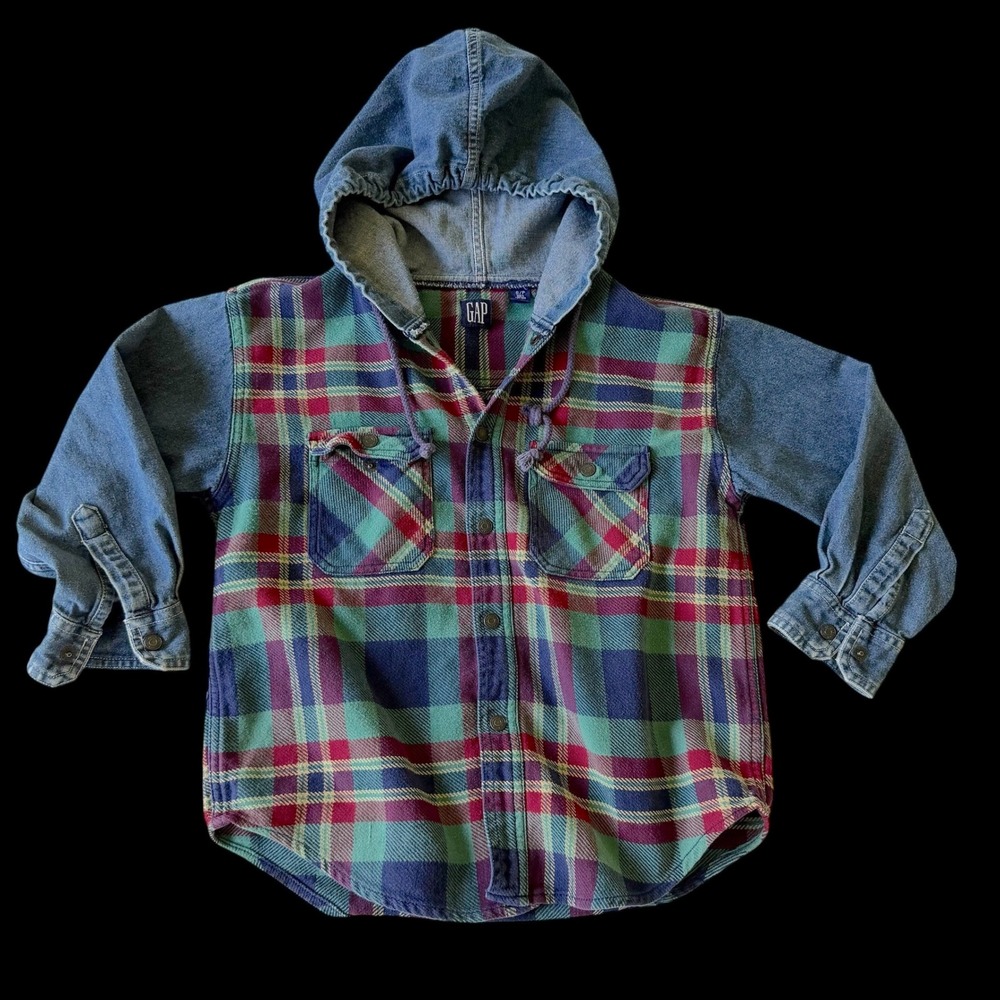 90's Gap Kids Plaid Flannel Hooded Shirt Denim Sleeves Green Blue Red S P